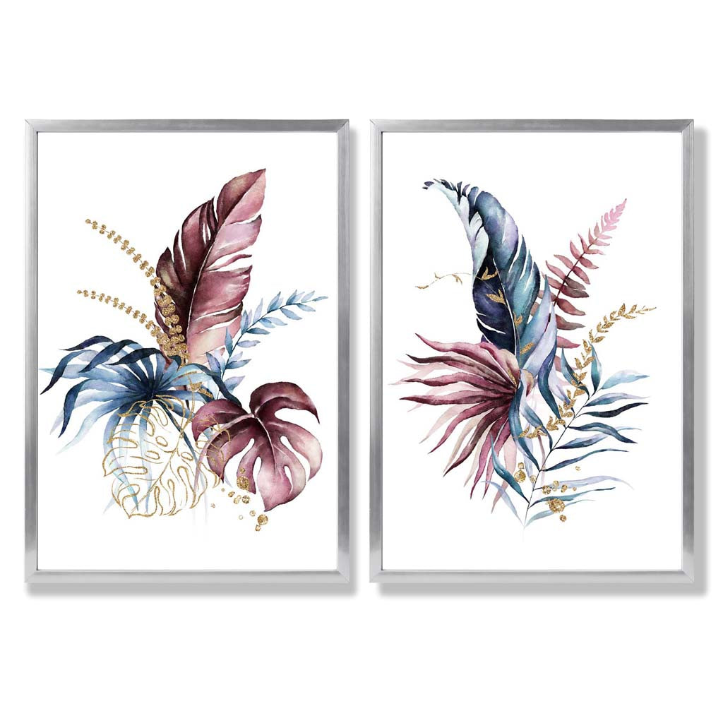 Abstraktes Set aus 2 gerahmten Kunstdrucken mit botanischen Blättern in Rosa und Blau