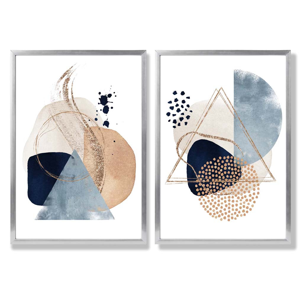 Set mit 2 Kunstdrucken im Aquarell-Stil mit blauen und beigen Formen