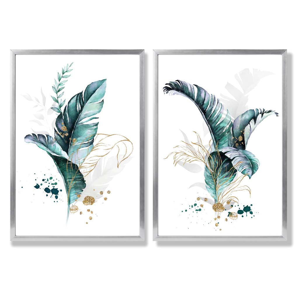 Abstraktes türkisfarbenes botanisches Blättermotiv, gerahmtes Set aus 2 Kunstdrucken