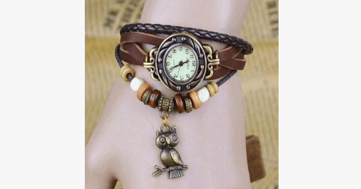 Vintage-Armbanduhr mit Eule und Boho-Chic-Armband – Gewebte Armbanduhr im Manschettenstil für einen trendigen Look!