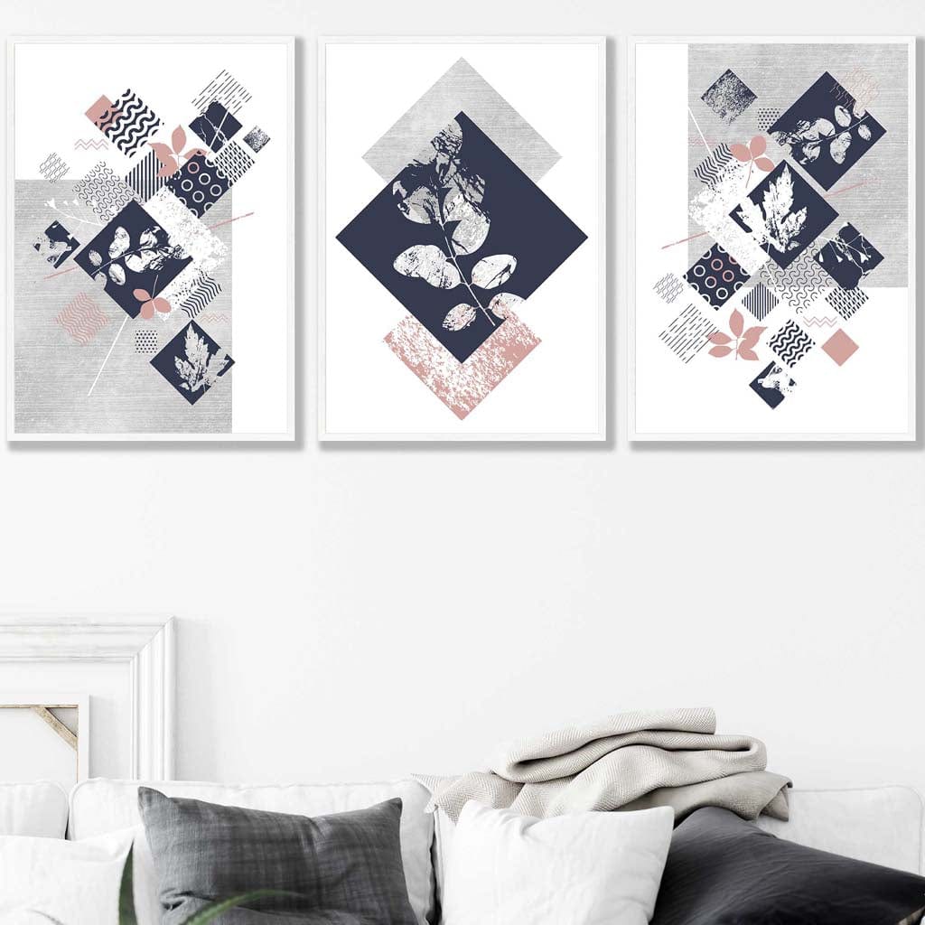 BOTANISCH Set aus 3 abstrakten geometrischen Blumendrucken in Marineblau und Rosa