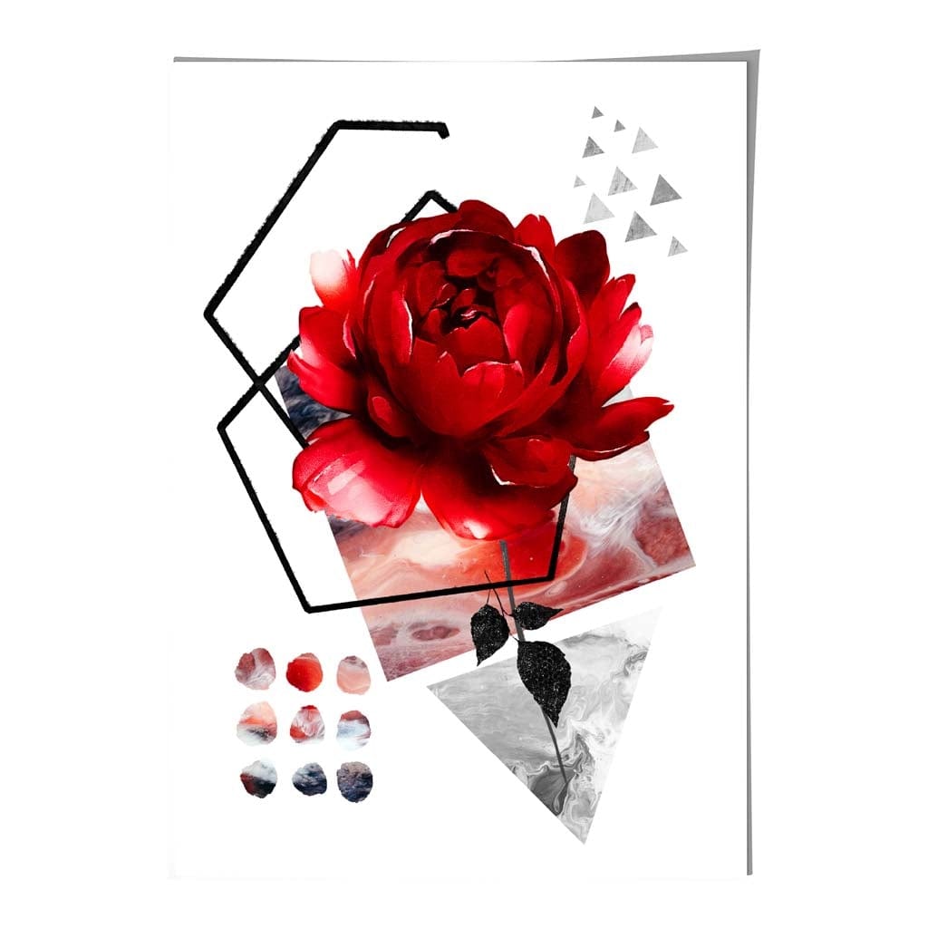 Abstrakte Blume in Schwarz und Rot mit geometrischen Formen Nr. 2 – Wandbild