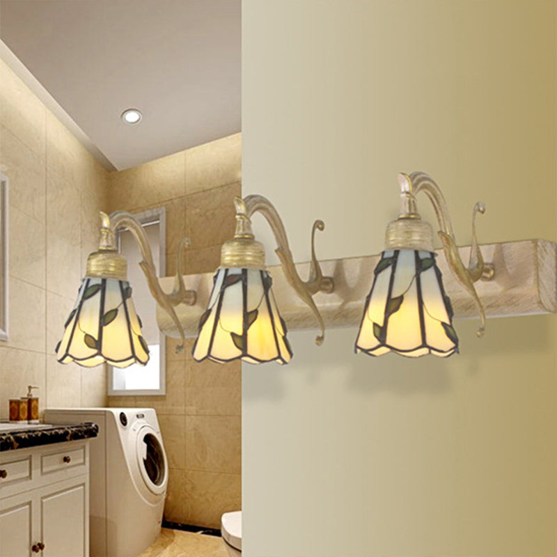 3 Köpfe Blatt Schminklicht Rustikal Loft Buntglas Schminkspiegel Licht mit Linearer Rückplatte in Kupfer/Antikmessing/Gold | Karnz