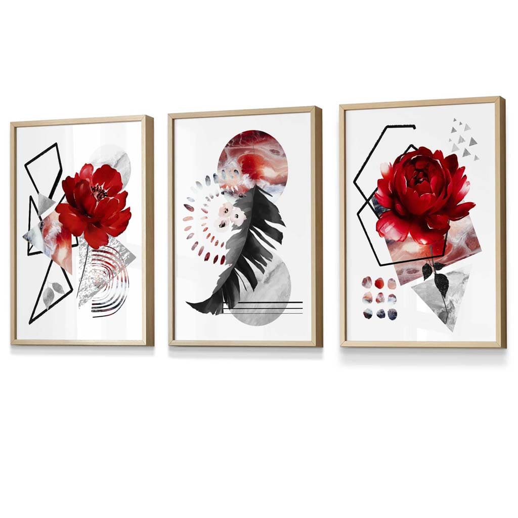 Abstraktes, rot-schwarzes botanisches Set aus 3 gerahmten Wandbildern