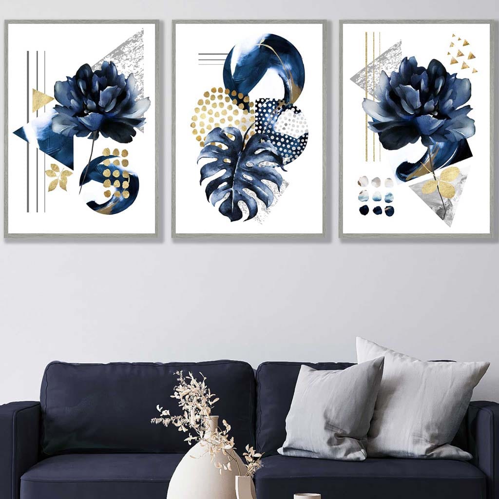 Abstraktes geometrisches Blumenmuster in Marineblau und Gold, 3er-Set Wandbilder