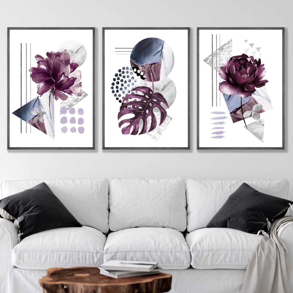 Modernes Set aus 3 Wandbildern mit lila-silbergrauen Blumenmotiven