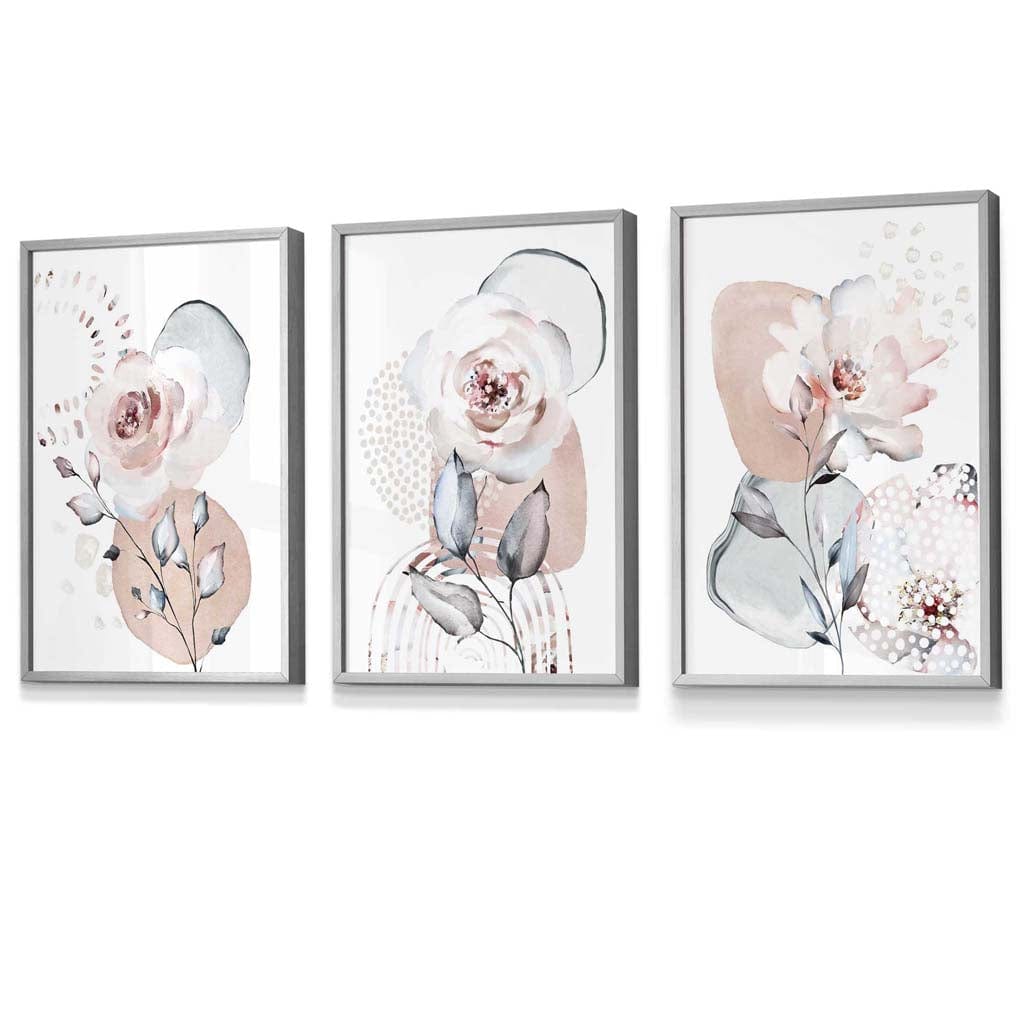 Abstrakte, rosafarbene und graue florale Wandbilder mit Rahmen