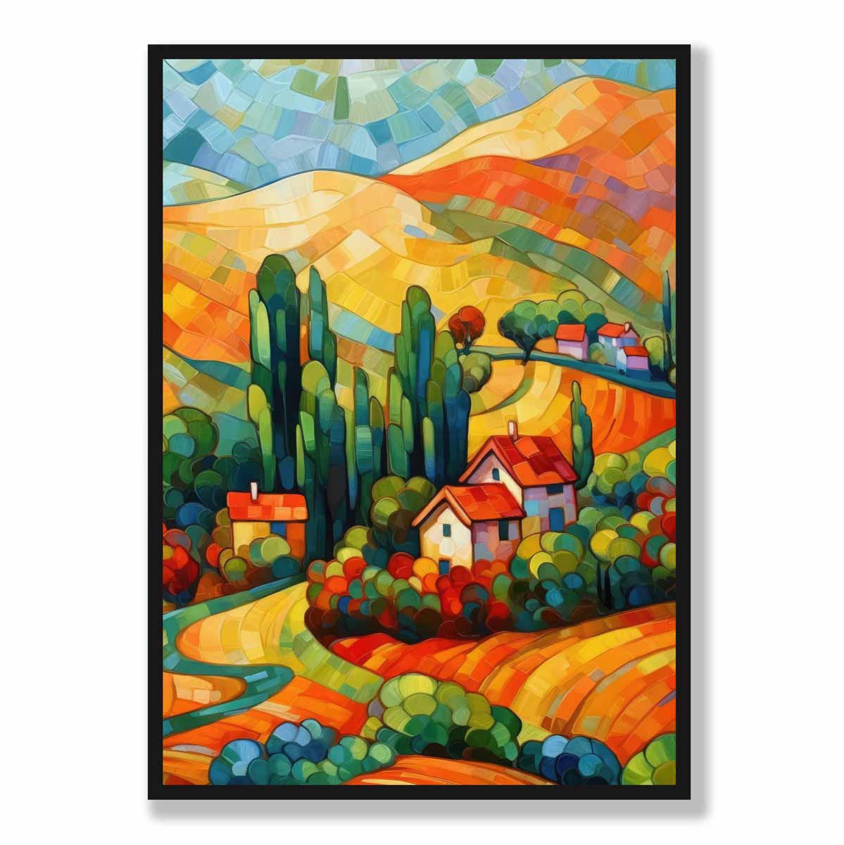 Farbenfrohe Landschaft mit Haus, abstraktes Gemälde, Kunstdruck