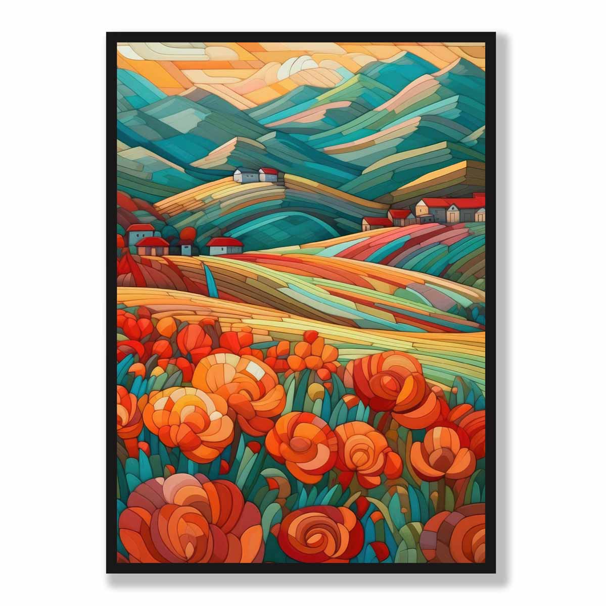 Farbenfrohe Landschaft mit roten Blumen, abstraktes Gemälde, Kunstdruck