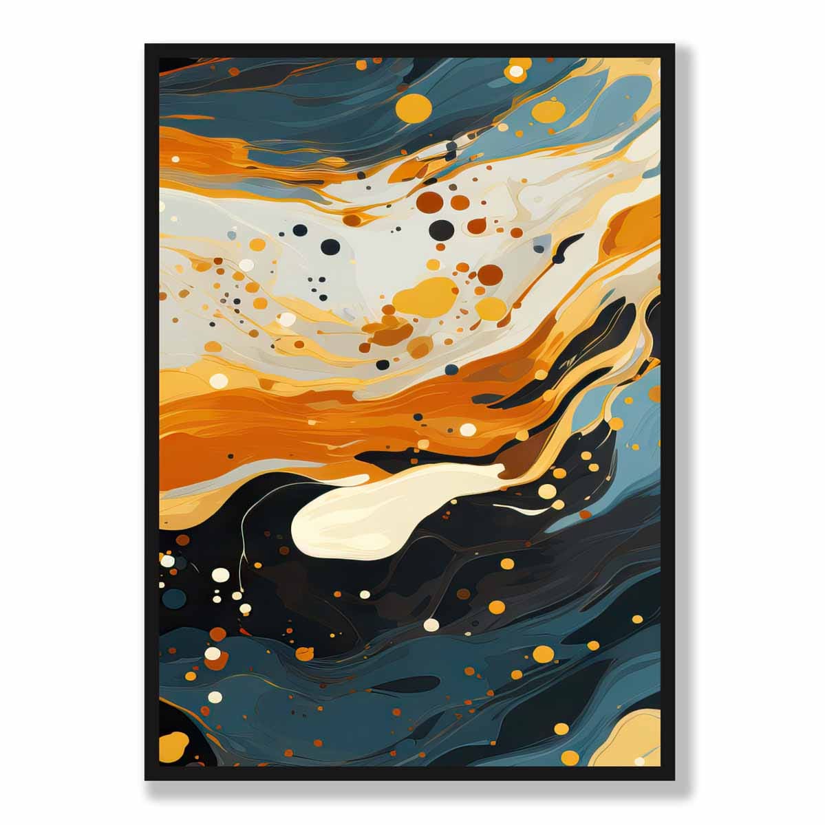 Abstraktes Gemälde, Flüssigkunstdruck, Blau, Orange und Beige Nr. 4