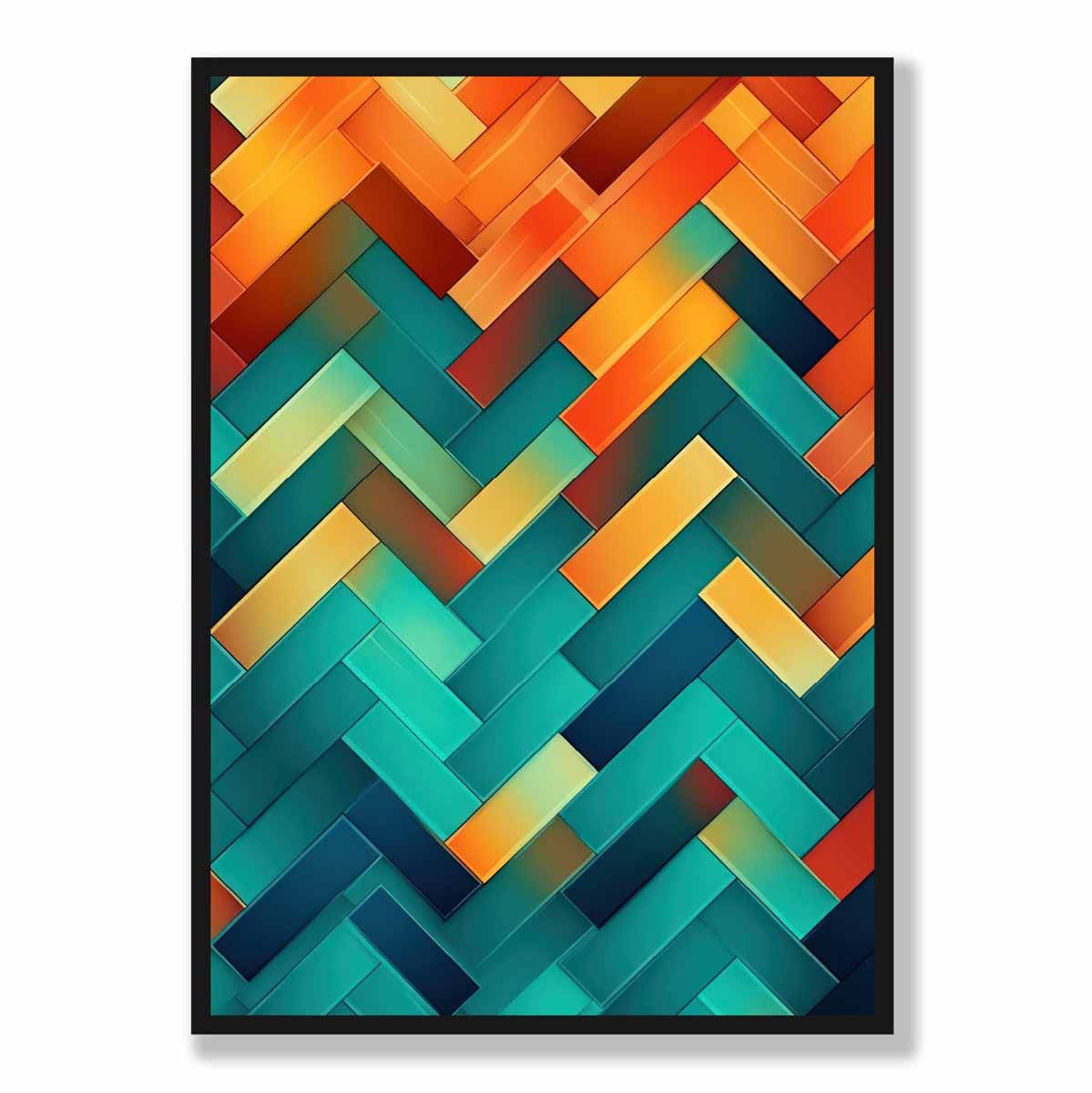 Abstrakter Kunstdruck mit geometrischen Formen in Türkis, Blau, Orange und Rot Nr. 2