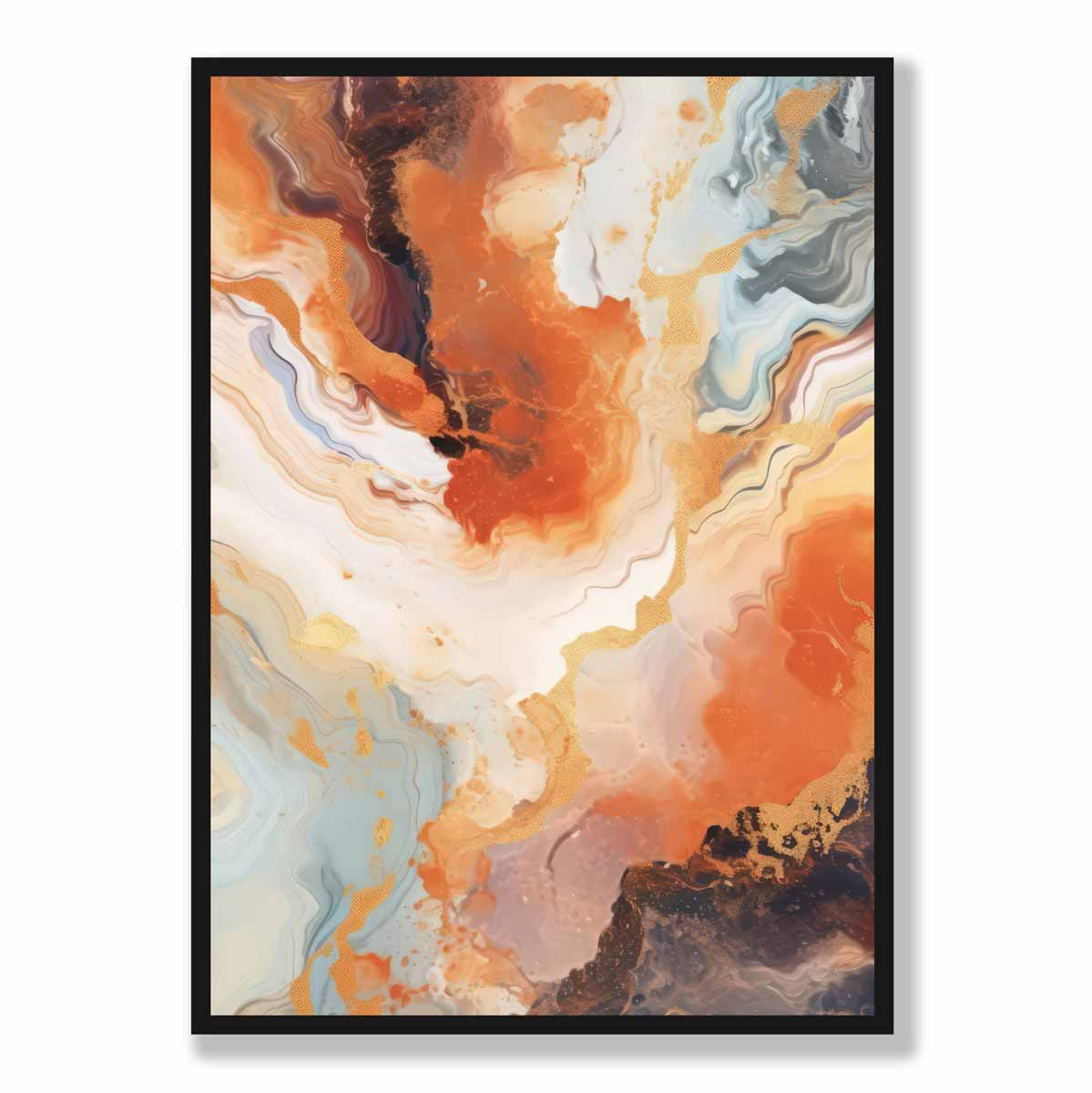 Abstraktes Gemälde, Flüssigkunstdruck, Orange, Grau und Gold Nr. 1