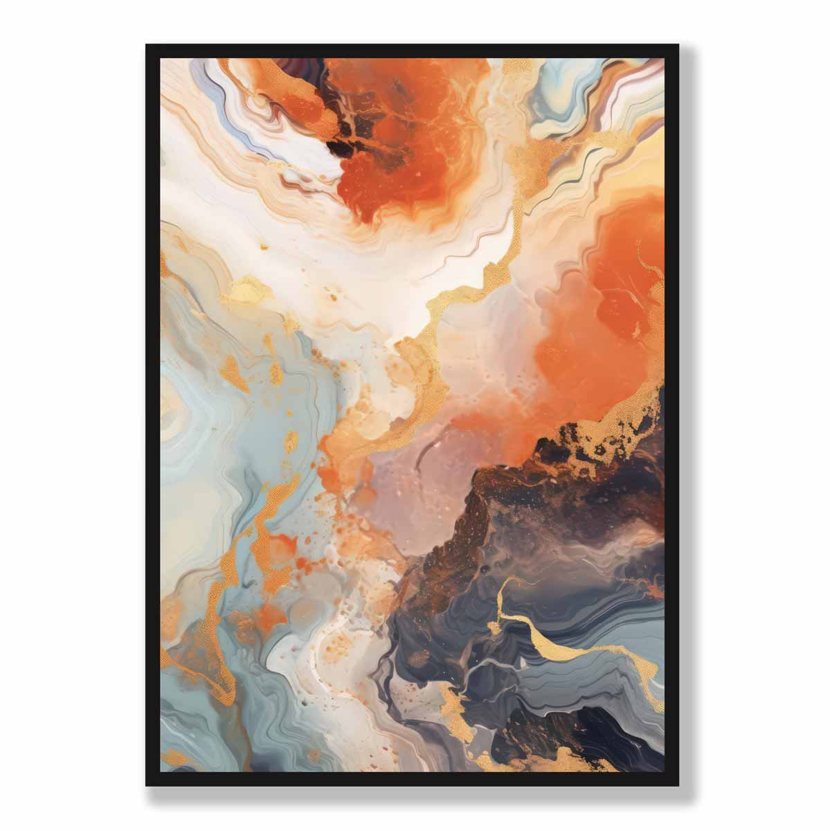 Abstraktes Gemälde, Flüssigkunstdruck, Orange, Grau und Gold Nr. 2