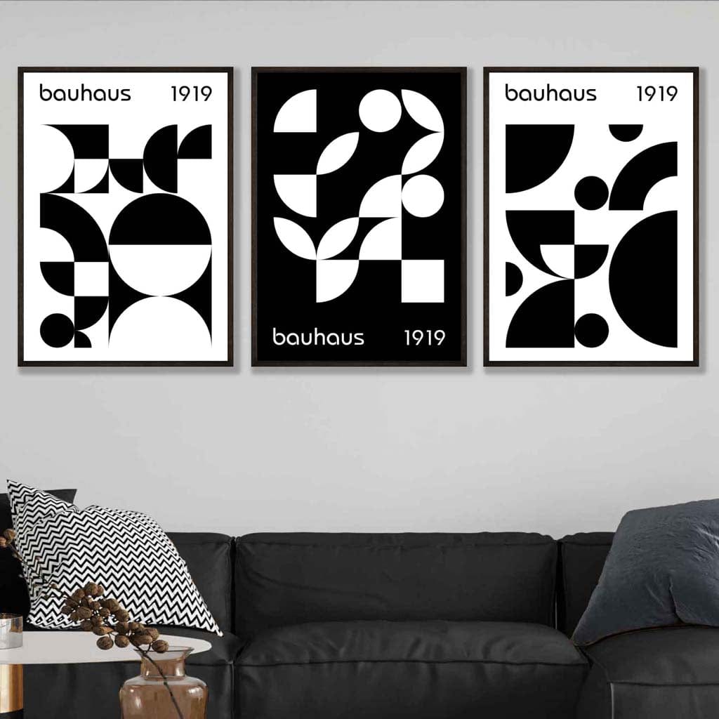 Grafische, schwarz-weiße, geometrische Wandkunst im Bauhaus-Stil, 3er-Set