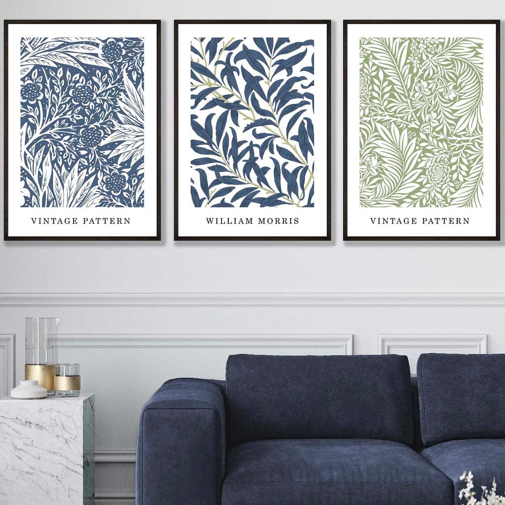 Blau & Grün William Morris Vintage Blumen-Set aus 3 Wandbildern