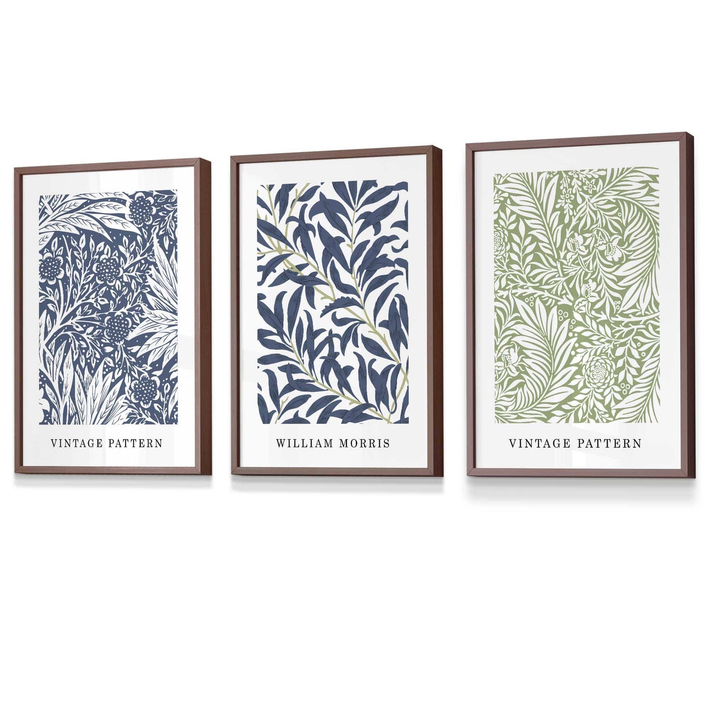 Wandbild mit gerahmten Vintage-Blumenmotiven im Stil von William Morris in Blau und Grün