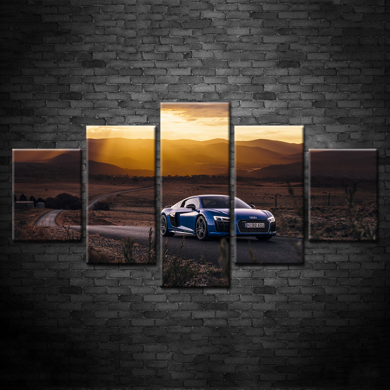 5 Stück Sonnenaufgang - Klassische blaue Metallic-Auto - Leinwand-Wandkunstmalerei
