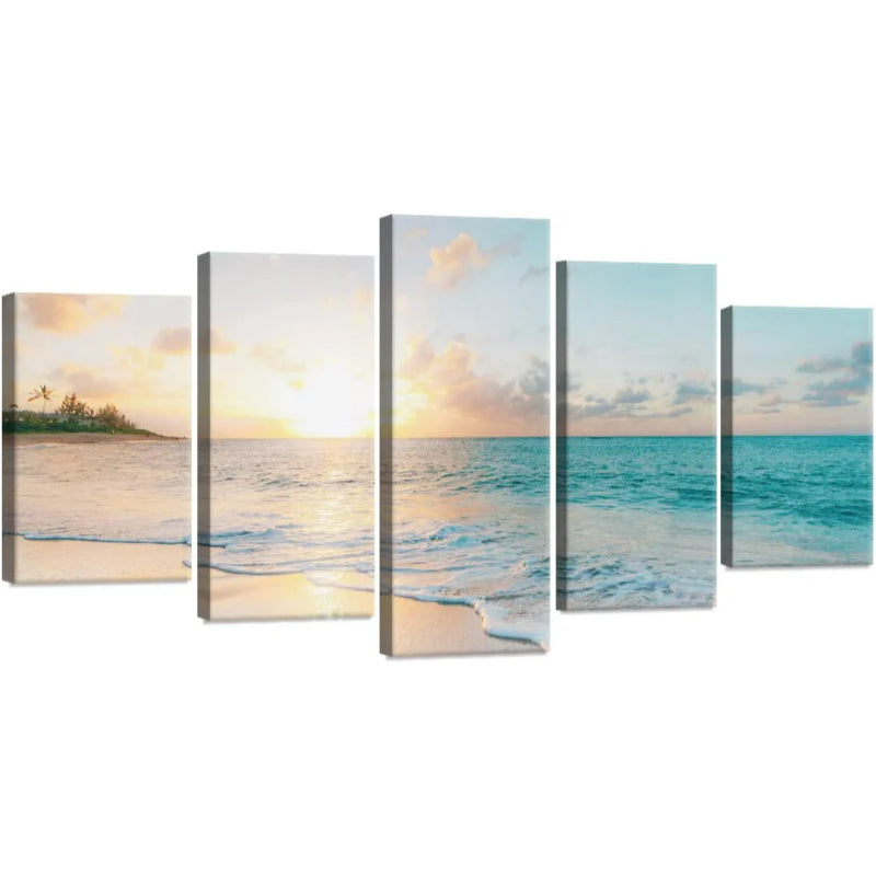 Set mit 5 romantischen Dekoleinwänden mit Meereswellenmotiv