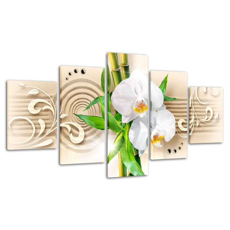 5-teiliges Bambus-Stick Weiß Blumen - Leinwand Wandkunst Malerei