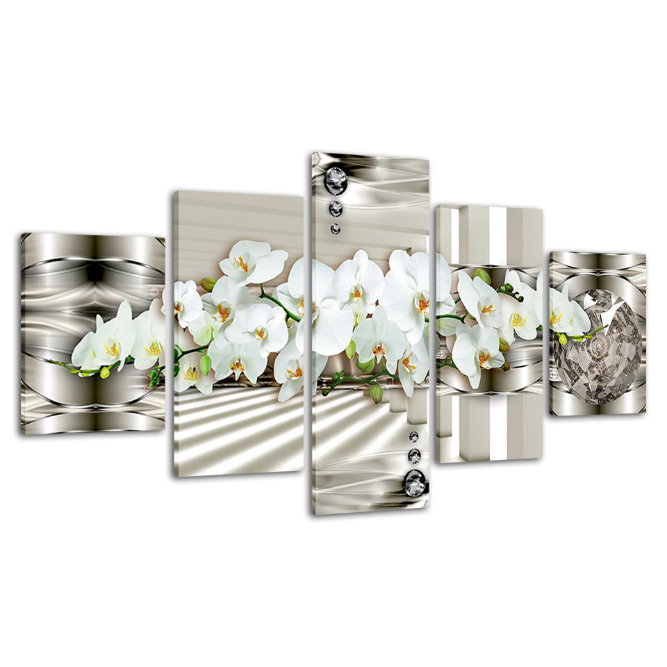 5 Stück Weiß Metallic Hintergrund Blume - Leinwand Wandkunst Gemälde