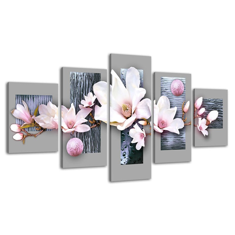 5 Stück Blau Holz Hintergrund Pink Farb Blume - Leinwand Wand Kunst Malerei