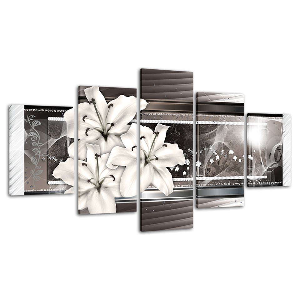 5-teiliges Weiß- und Silberblumen - Leinwand Wandkunst Gemälde