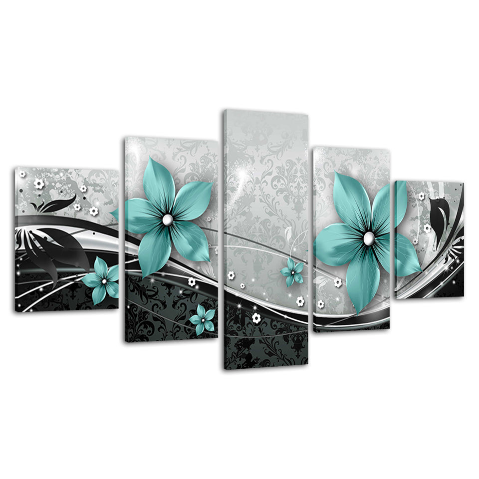 5-teiliges Leinwandbild mit verzierten blauen Blumen