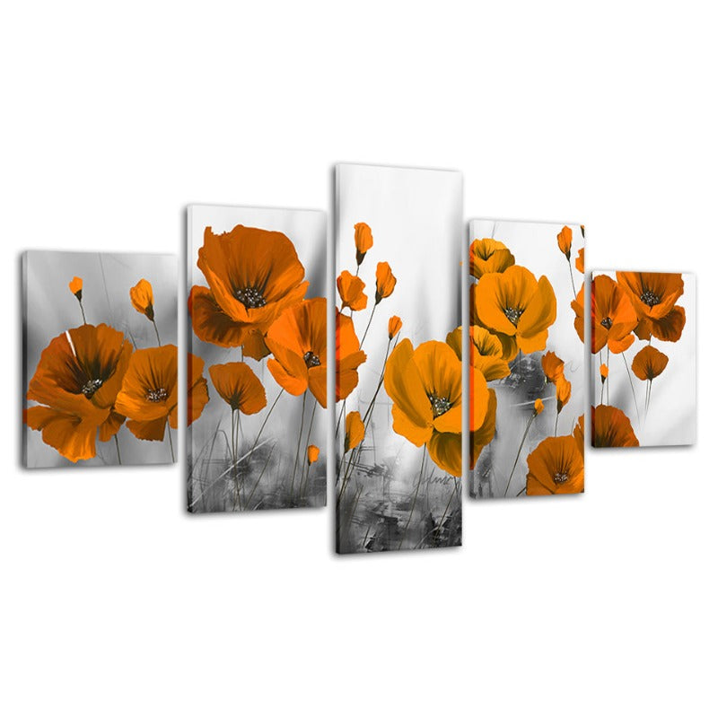 5 Stück Orange Blumen - Leinwand Wandkunst Malerei