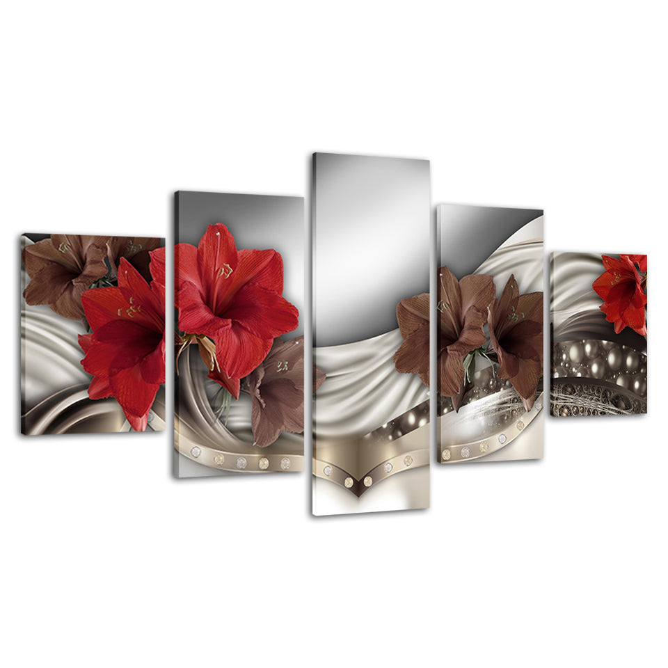 5-teiliges Leinwandbild mit eleganten roten Blumen