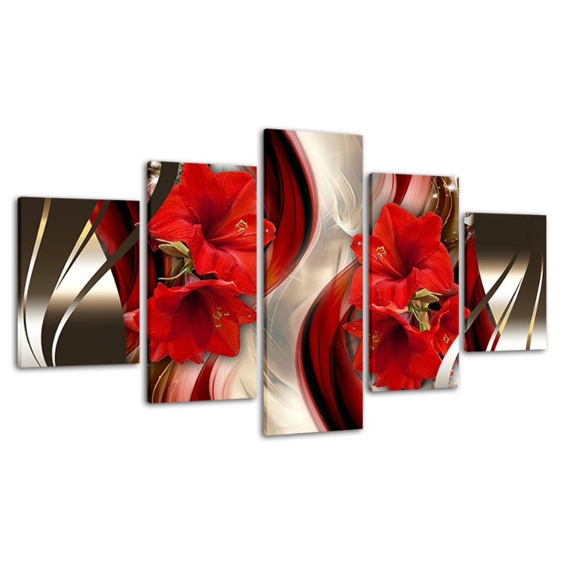 5 Stück Schwarzer Hintergrund Rote Hibiskusblume - Leinwand Wandkunst Gemälde