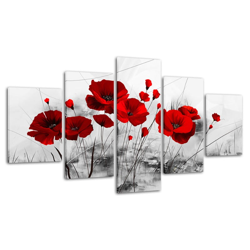 5-teiliges Wandbild mit roter Blume auf weißem Hintergrund - Leinwandkunst