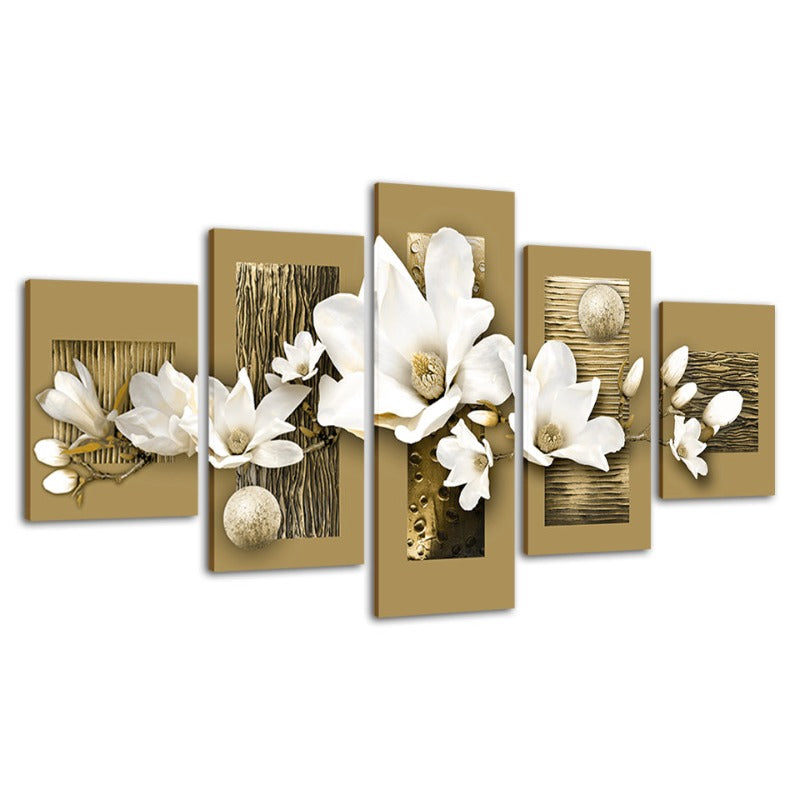 5-teiliges Leinwandbild mit weißem Blumenmuster und Holzhintergrund