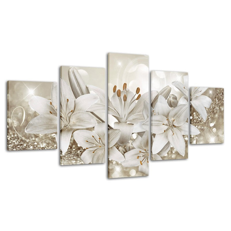 5-teiliges Golden & Weiß Hintergrund Blumen - Leinwand Wandkunst Gemälde