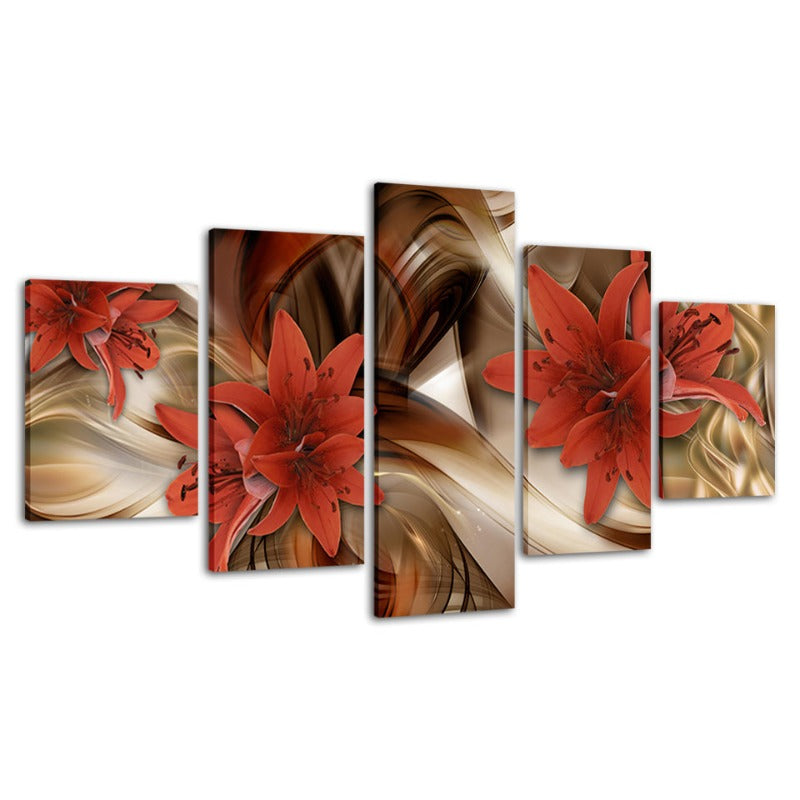 5-teilige goldene Hintergrund rote Blume - Leinwand Wandkunst Malerei
