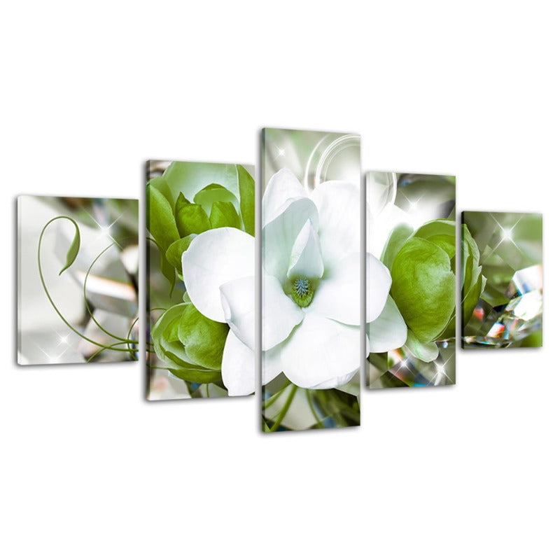 5-teiliges Grün Hintergrund Weiß Blumen - Leinwand Wandkunst Gemälde