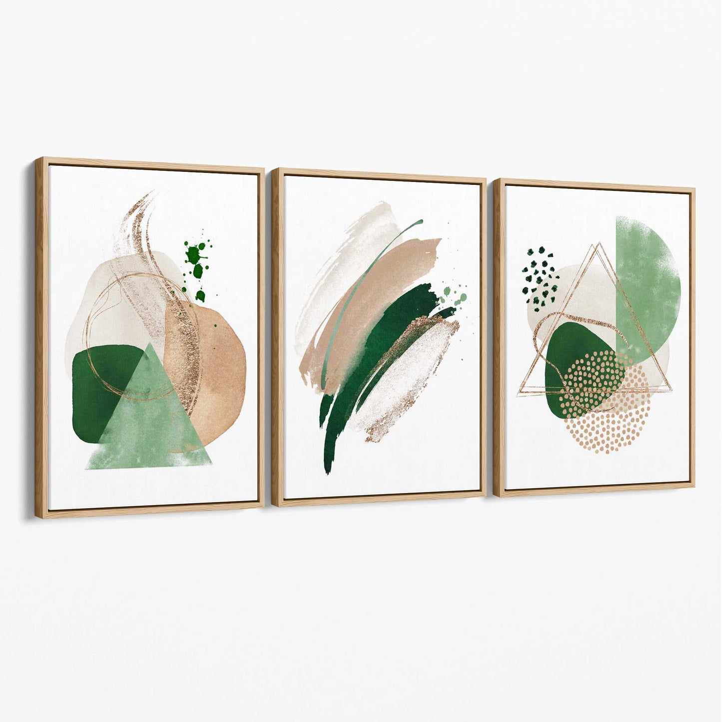 Abstraktes Set aus 3 Kunstdrucken auf Leinwand in Salbeigrün und Beige