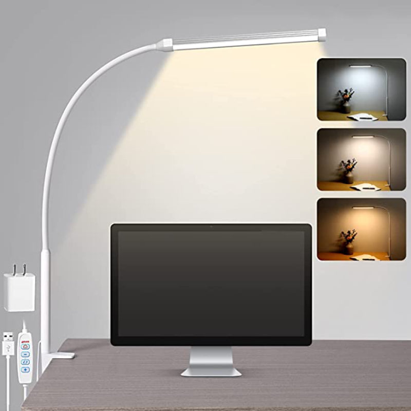 LED-Schreibtischleuchte mit augenschonender Klemmleuchte fürs Homeoffice, 3 Modi, 10 Helligkeitsstufen, langer, flexibler Schwanenhals, Metall, Schwenkarm-Schreibtischleuchte mit USB-Adapter, Weiß