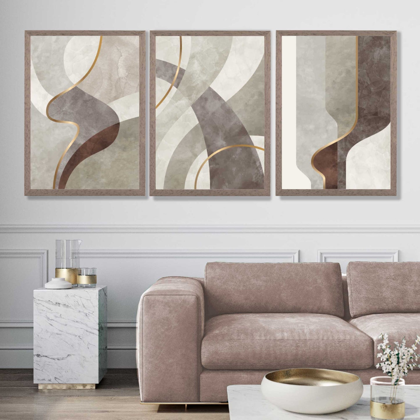 Beige-braunes Set aus 3 abstrakten Wirbel-Kunstdrucken