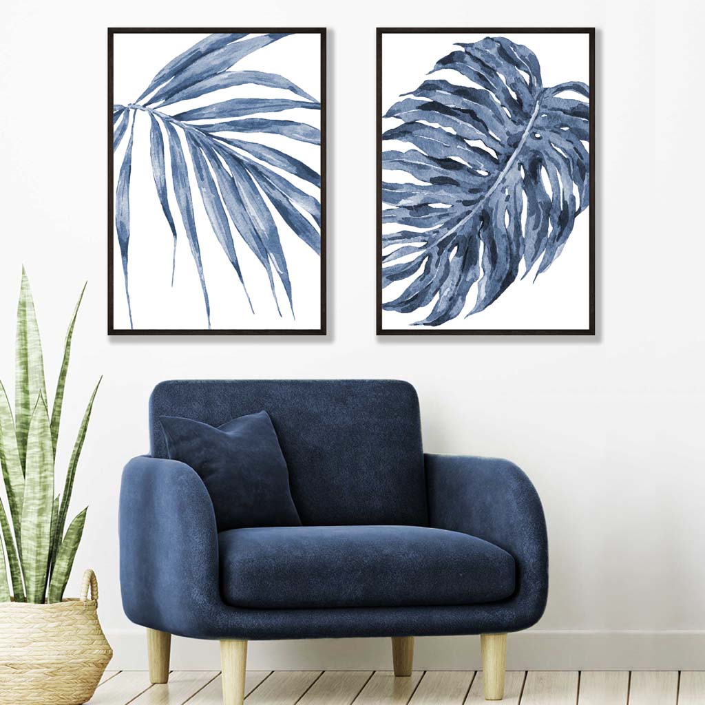 Blaue Monstera Papyrus Aquarell-Set mit 2 Kunstdrucken