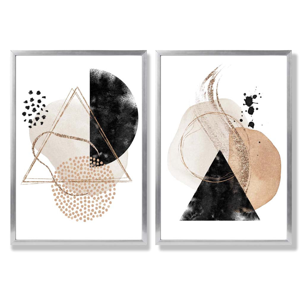 Set aus 2 Kunstdrucken mit beigefarbenen und schwarzen abstrakten Formen in Rahmen
