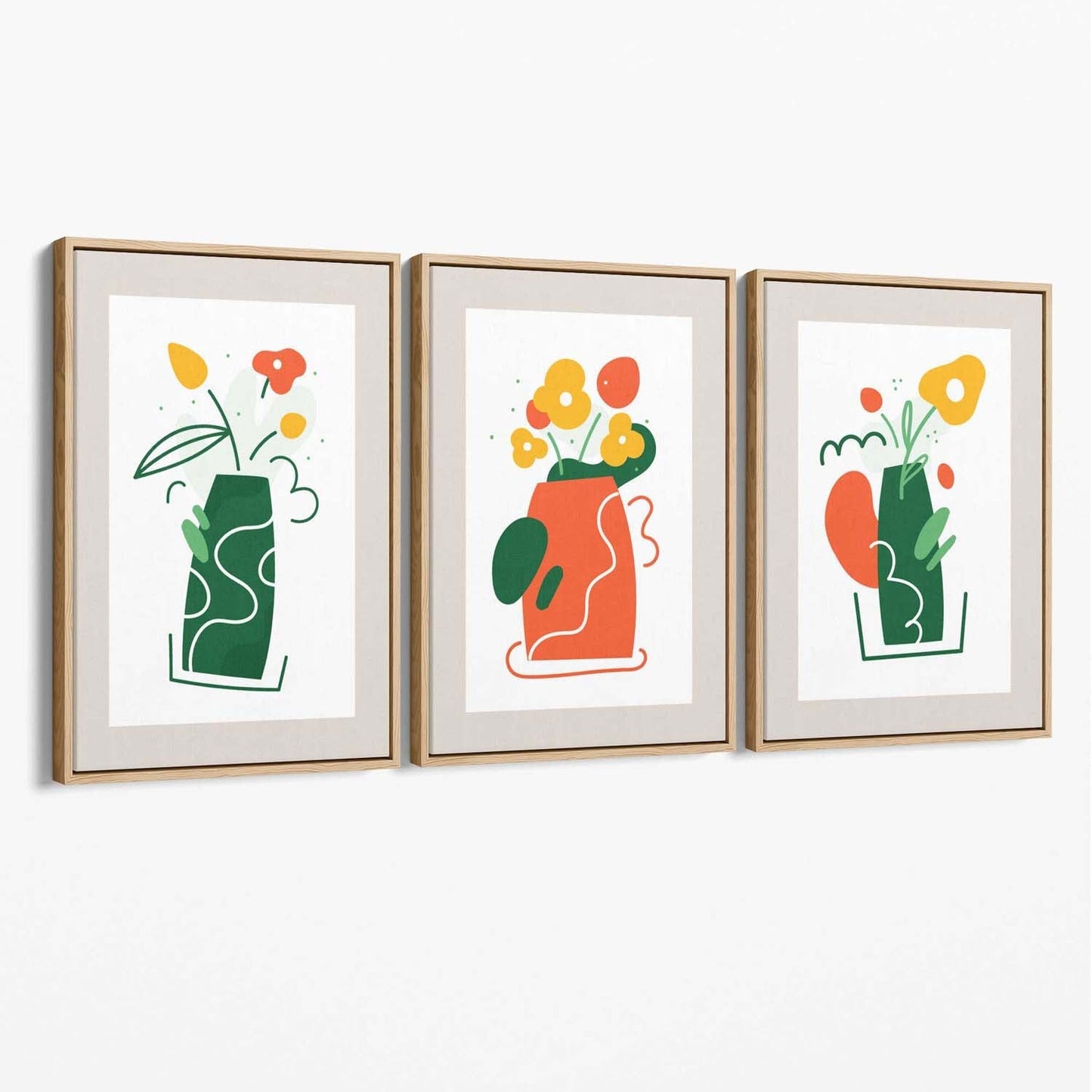Boho-minimalistisches Blumenmuster in Grün und Orange, 3er-Set Leinwanddrucke