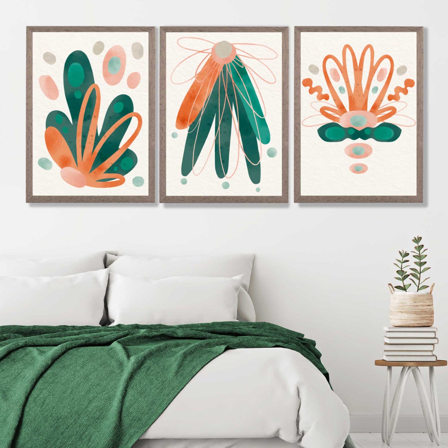 Abstraktes grün-oranges Blumenmuster, 3er-Set Kunstdrucke