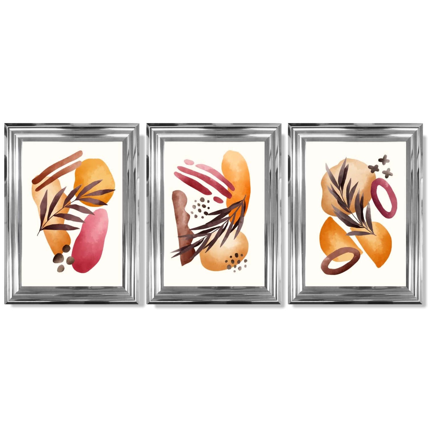 Abstraktes tropisches Herbstmotiv – Set aus 3 gerahmten Kunstdrucken