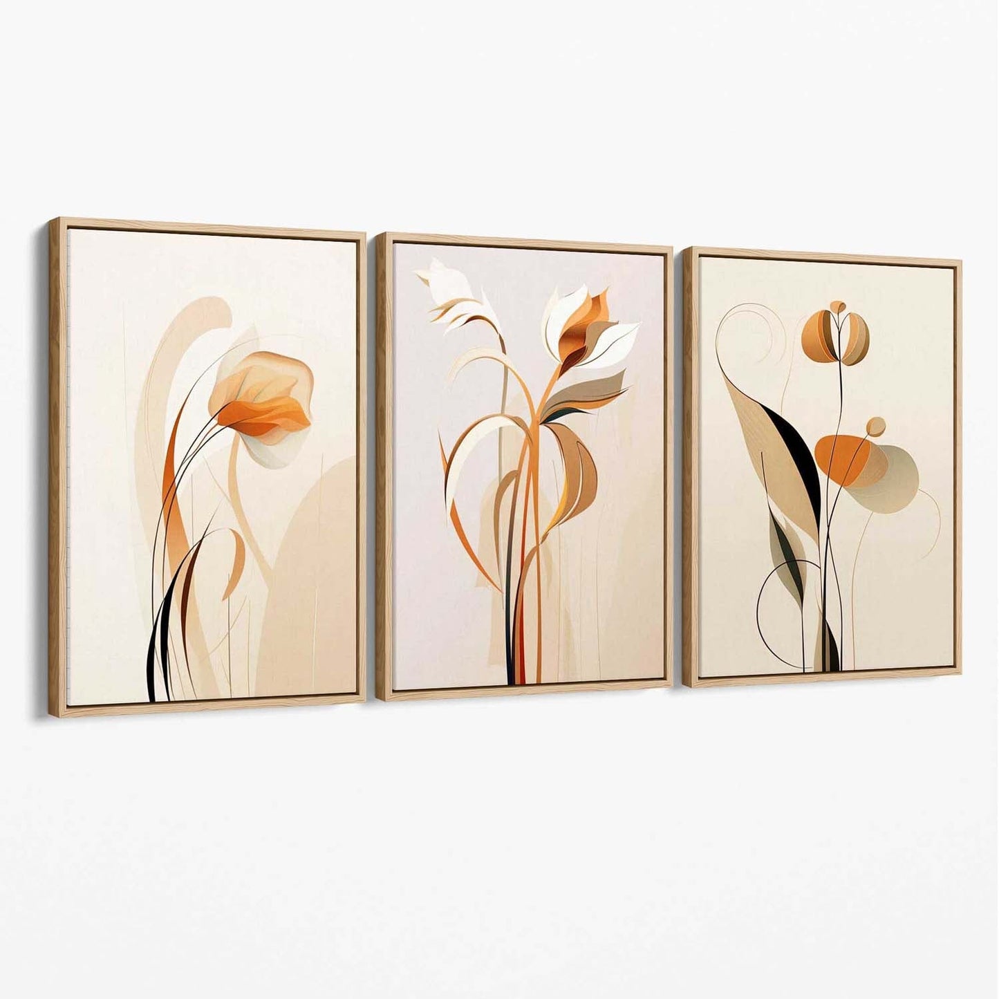 Art-Deco-Leinwanddrucke, beige-orange mit Blumenmuster, 3er-Set