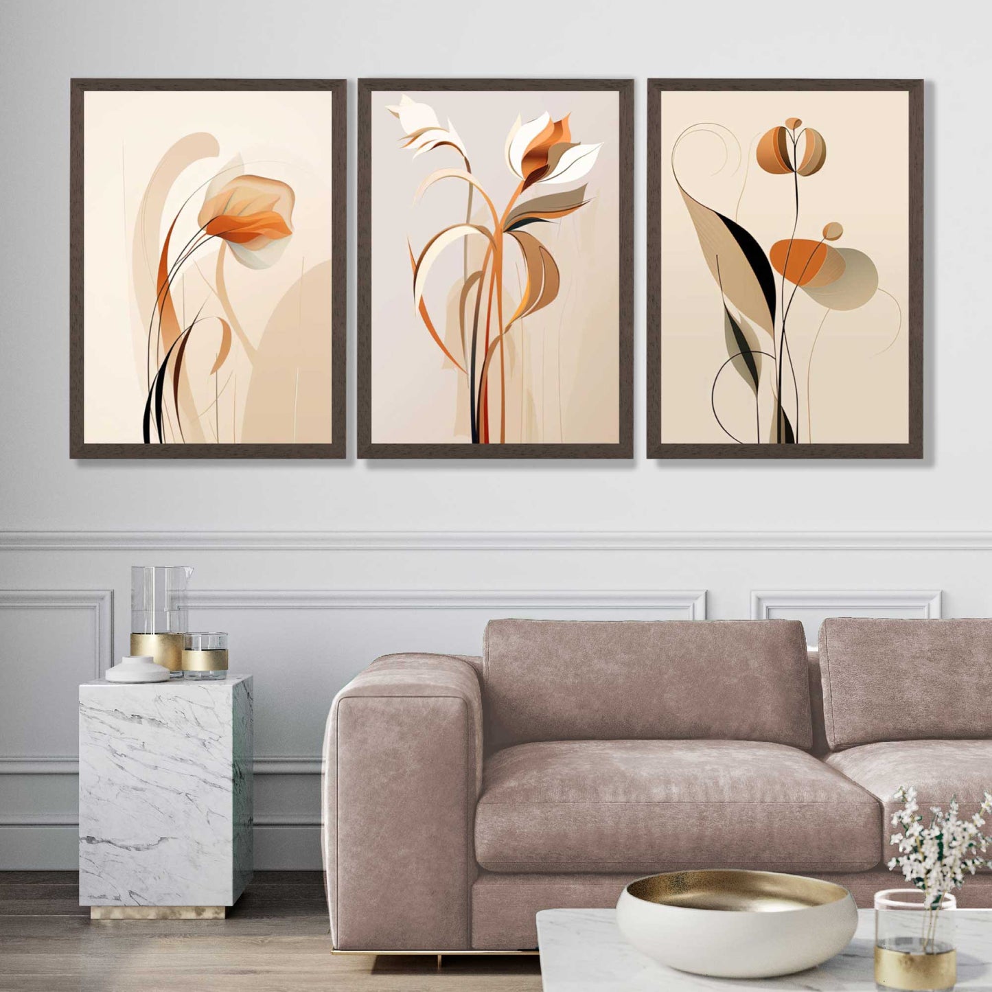 Art-Deco-Kunstdrucke, beige-orange mit Blumenmuster, 3er-Set