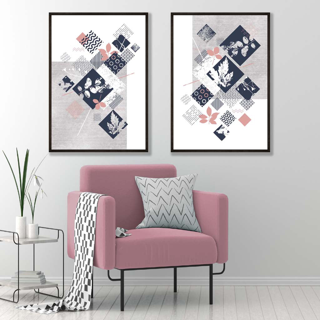 2-teiliges Set Kunstdrucke mit floralem Mixed-Media-Muster in Blau, Rosa und Grau