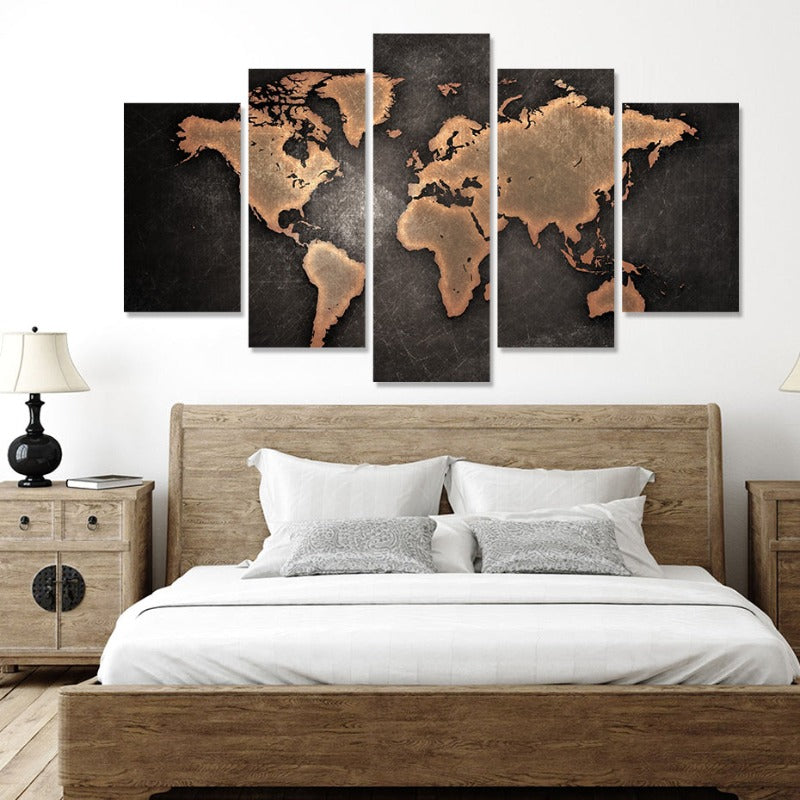 5-teilige braune Weltkarte - Leinwand Wandkunst Gemälde