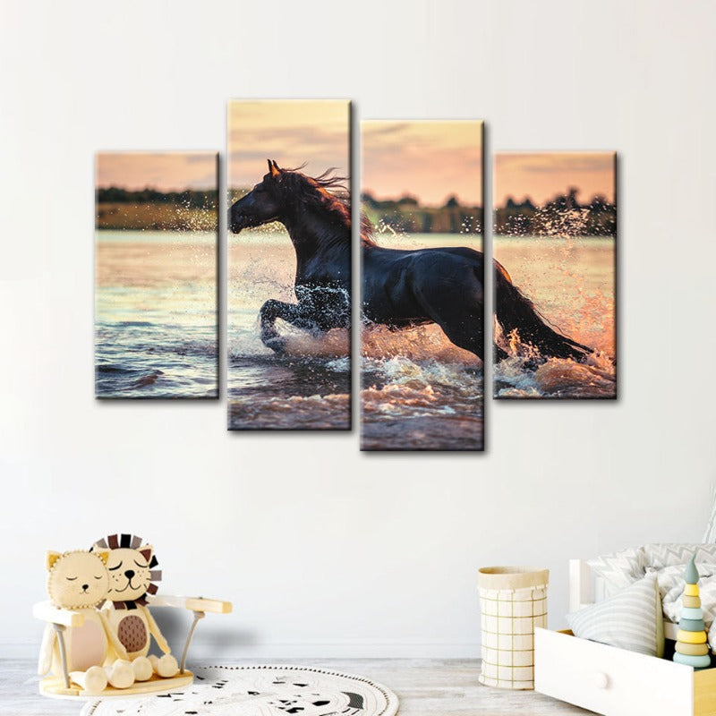 4-teilige laufende Pferde im Wasser - Leinwand Wandkunst Gemälde