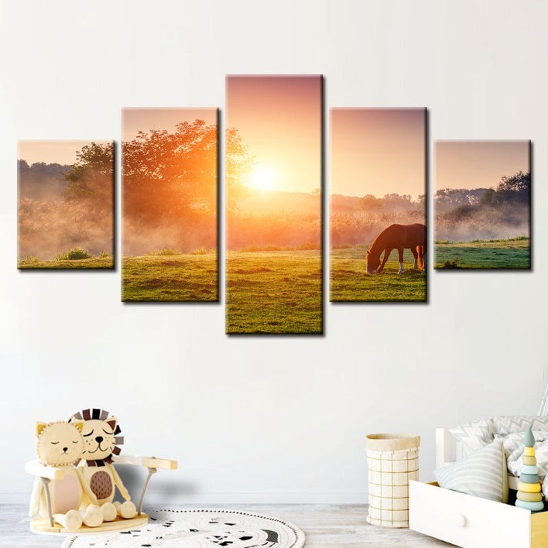 5-teiliges Sonnenaufgang-Weide-Pferd - Leinwand Wandkunst Gemälde
