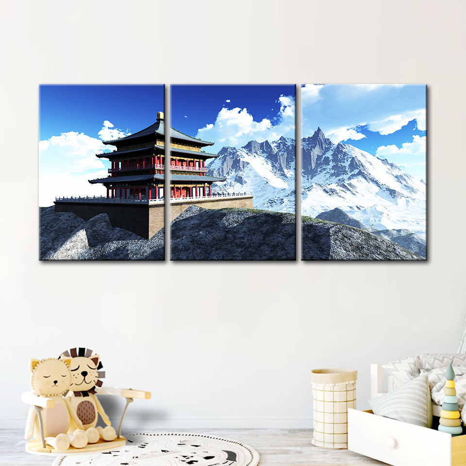 Tempel in den Bergen, 3-teiliges Leinwandbild